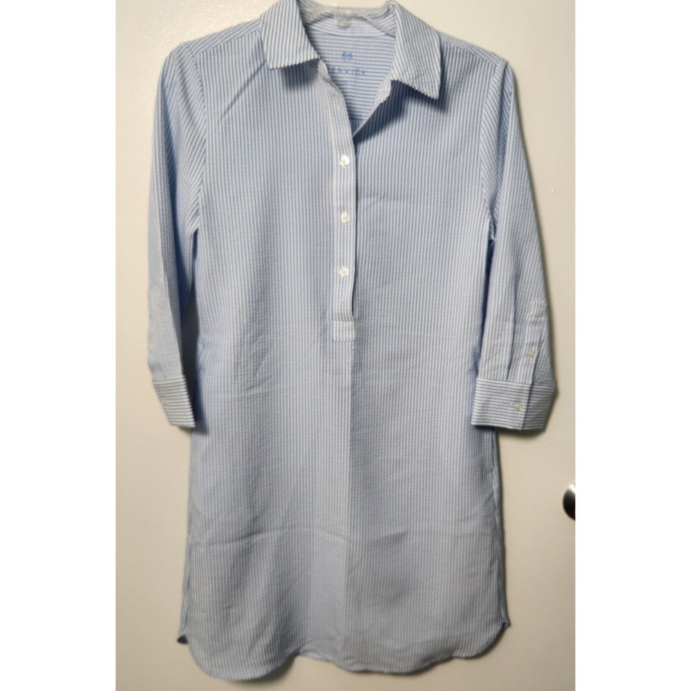 Renwick Blue Seersucker Shirt Dress NWOT Above-Knee 3/4 Sleeve XS Nautical Beach